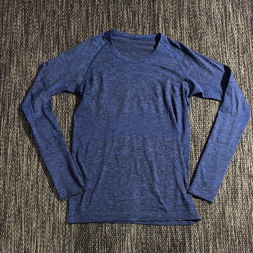 Lululemon Swiftly Tech Long Sleeve Crew Heathered Black Sapphire Blue Size 10